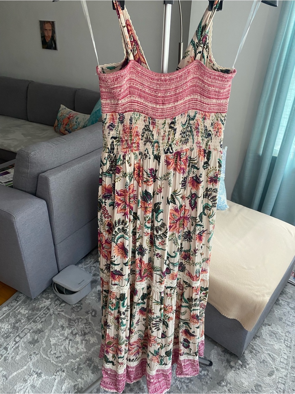 Angie Summer Cream Floral Maxi Dress with Pink Accents - Picture 2 of 4